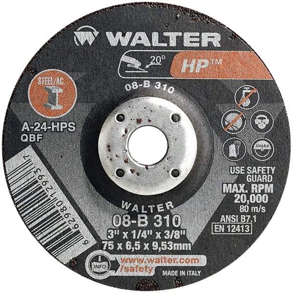 WALTER Surface Technologies - 24 Grit, 3" Wheel Diam, 1/4" Wheel Thickness, 3/8" Arbor Hole, Type 27 Depressed Center Wheel - Aluminum Oxide, Resinoid Bond, 20,000 Max RPM - Americas Industrial Supply