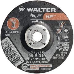 WALTER Surface Technologies - 24 Grit, 3" Wheel Diam, 1/4" Wheel Thickness, 3/8" Arbor Hole, Type 27 Depressed Center Wheel - Aluminum Oxide, Resinoid Bond, 20,000 Max RPM - Americas Industrial Supply