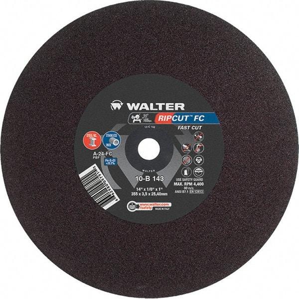 WALTER Surface Technologies - 14" 24 Grit Aluminum Oxide Cutoff Wheel - 1/8" Thick, 1" Arbor, 4,400 Max RPM, Use with Stationary Tools - Americas Industrial Supply