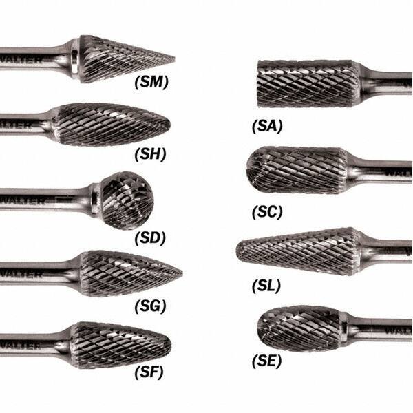 WALTER Surface Technologies - 1/2" Cut Diam, 1/4" Shank Diam, Taper Head Double Cut Burr - Carbide, 1" LOC - Americas Industrial Supply