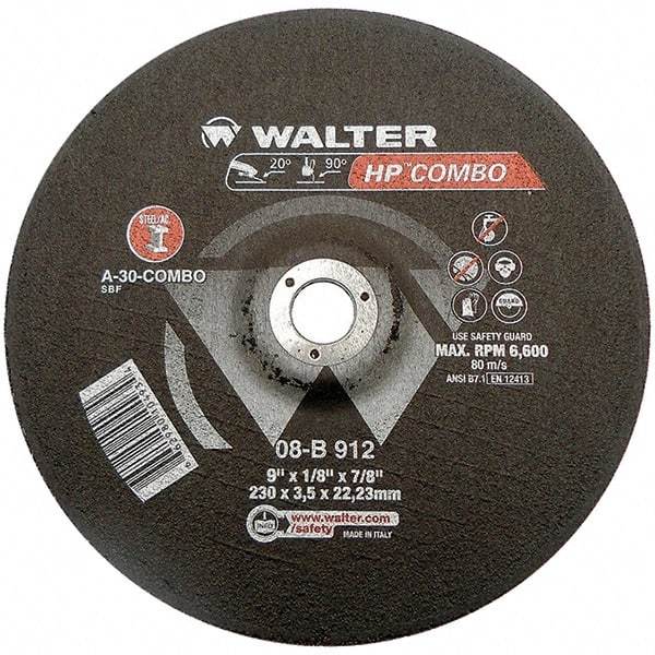 WALTER Surface Technologies - 30 Grit, 9" Wheel Diam, 1/8" Wheel Thickness, 7/8" Arbor Hole, Type 27 Depressed Center Wheel - Aluminum Oxide, Resinoid Bond, 6,600 Max RPM - Americas Industrial Supply