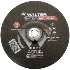 WALTER Surface Technologies - 30 Grit, 9" Wheel Diam, 1/8" Wheel Thickness, 7/8" Arbor Hole, Type 27 Depressed Center Wheel - Aluminum Oxide, Resinoid Bond, 6,600 Max RPM - Americas Industrial Supply