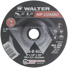 WALTER Surface Technologies - 30 Grit, 6" Wheel Diam, 1/8" Wheel Thickness, 7/8" Arbor Hole, Type 27 Depressed Center Wheel - Aluminum Oxide, Resinoid Bond, 10,200 Max RPM - Americas Industrial Supply