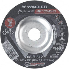WALTER Surface Technologies - 30 Grit, 5" Wheel Diam, 1/8" Wheel Thickness, 7/8" Arbor Hole, Type 27 Depressed Center Wheel - Aluminum Oxide, Resinoid Bond, 12,200 Max RPM - Americas Industrial Supply