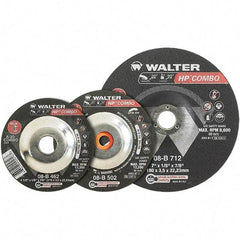 WALTER Surface Technologies - 30 Grit, 4-1/2" Wheel Diam, 1/8" Wheel Thickness, 7/8" Arbor Hole, Type 27 Depressed Center Wheel - Aluminum Oxide, Resinoid Bond, 13,300 Max RPM - Americas Industrial Supply