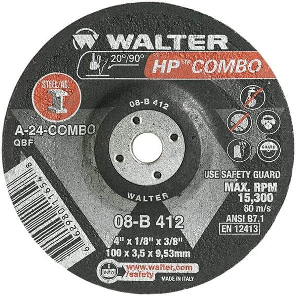 WALTER Surface Technologies - 24 Grit, 4" Wheel Diam, 1/8" Wheel Thickness, 3/8" Arbor Hole, Type 27 Depressed Center Wheel - Aluminum Oxide, Resinoid Bond, 15,000 Max RPM - Americas Industrial Supply