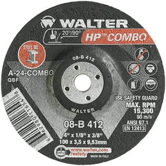 WALTER Surface Technologies - 24 Grit, 4" Wheel Diam, 1/8" Wheel Thickness, 3/8" Arbor Hole, Type 27 Depressed Center Wheel - Aluminum Oxide, Resinoid Bond, 15,000 Max RPM - Americas Industrial Supply
