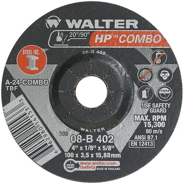WALTER Surface Technologies - 24 Grit, 4" Wheel Diam, 1/8" Wheel Thickness, 5/8" Arbor Hole, Type 27 Depressed Center Wheel - Aluminum Oxide, Resinoid Bond, 15,000 Max RPM - Americas Industrial Supply