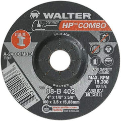 WALTER Surface Technologies - 24 Grit, 4" Wheel Diam, 1/8" Wheel Thickness, 5/8" Arbor Hole, Type 27 Depressed Center Wheel - Aluminum Oxide, Resinoid Bond, 15,000 Max RPM - Americas Industrial Supply