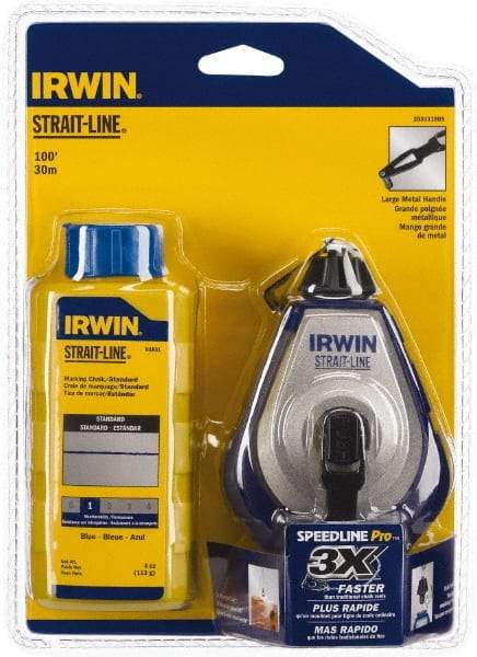 Irwin - 100' Long Reel & Chalk Set - Blue, Includes (1) 4 oz Standard Blue Chalk (3.5:1) & (1) SPEEDLINE Pro Chalk Reel - Americas Industrial Supply