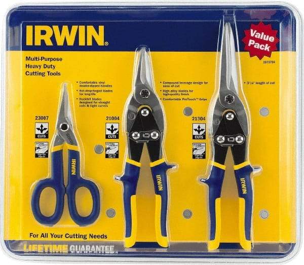 Irwin - 3 Piece Aviation Snip Set - Left, Right, Straight, 7, 10, 11-3/4" OAL, 1-5/16, 2, 3-1/8" LOC - Americas Industrial Supply