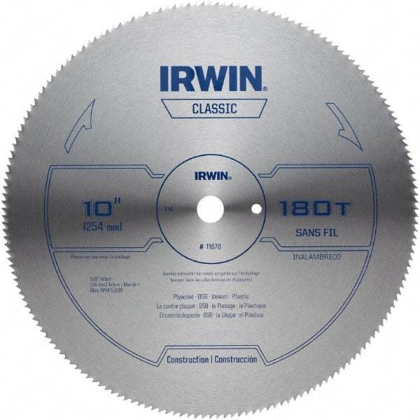 Irwin - 10" Diam, 5/8" Arbor Hole Diam, 180 Tooth Wet & Dry Cut Saw Blade - High Carbon Steel, Smooth Action, Standard Round Arbor - Americas Industrial Supply