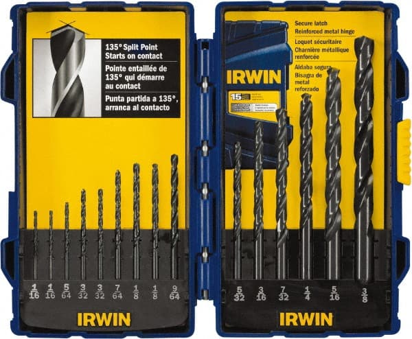 Irwin - 1/16 to 3/8", 135° Point, Oxide Finish, High Speed Steel Jobber Length Drill Bit Set - Exact Industrial Supply