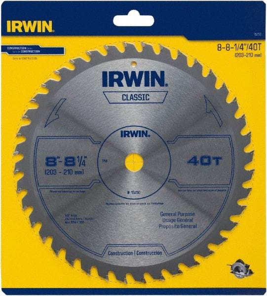 Irwin Blades - 8-1/4" Diam, 5/8" Arbor Hole Diam, 40 Tooth Wet & Dry Cut Saw Blade - Carbide-Tipped, Smooth Action, Diamond Arbor - Americas Industrial Supply