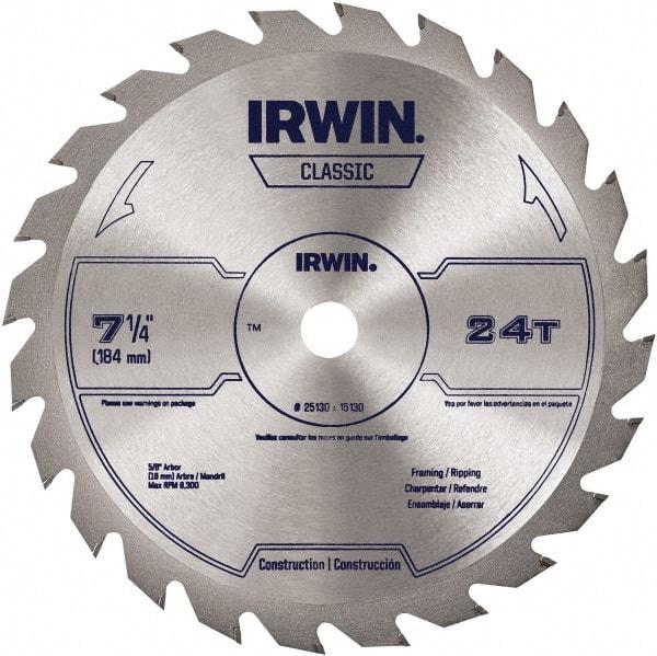 Irwin Blades - 7-1/4" Diam, 5/8" Arbor Hole Diam, 24 Tooth Wet & Dry Cut Saw Blade - Carbide-Tipped, Smooth Action, Diamond Arbor - Americas Industrial Supply