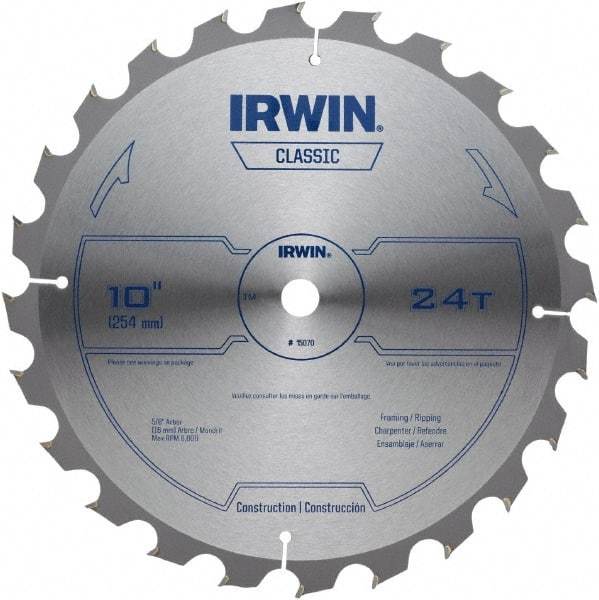 Irwin - 10" Diam, 5/8" Arbor Hole Diam, 24 Tooth Wet & Dry Cut Saw Blade - Carbide-Tipped, Smooth Action, Diamond Arbor - Americas Industrial Supply