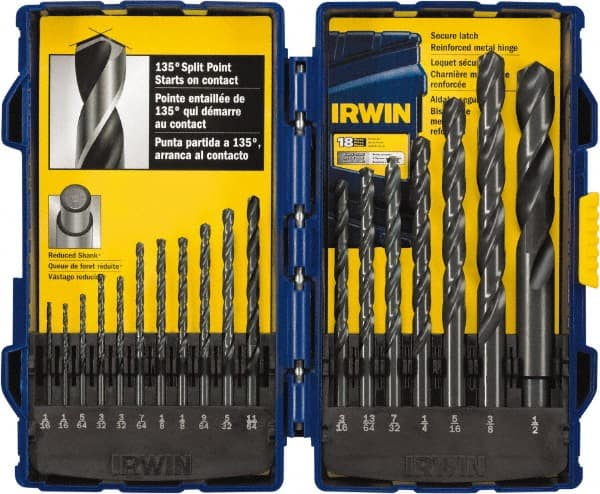 Irwin - 1/16 to 1/2", 135° Point, Oxide Finish, High Speed Steel Jobber Length Drill Bit Set - Americas Industrial Supply