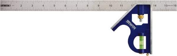 Irwin - 2 Piece, 16" Combination Square Set - 1/16, 1/32, 1/64 & 1/8" (4R) Graduation, Stainless Steel Blade, Cast Zinc Square Head - Americas Industrial Supply
