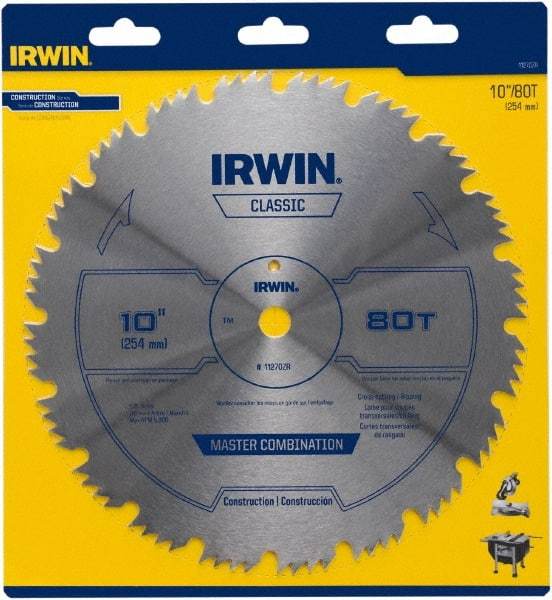 Irwin Blades - 10" Diam, 5/8" Arbor Hole Diam, 80 Tooth Wet & Dry Cut Saw Blade - High Carbon Steel, Smooth Action, Standard Round Arbor - Americas Industrial Supply