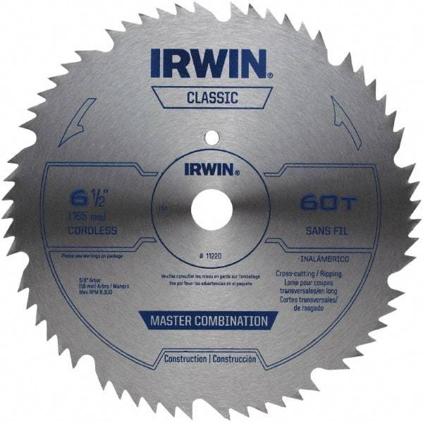 Irwin - 6-1/2" Diam, 5/8" Arbor Hole Diam, 60 Tooth Wet & Dry Cut Saw Blade - High Carbon Steel, Smooth Action, Standard Round Arbor - Americas Industrial Supply