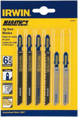 Irwin Blades - 6 Piece, 3" to 4" Long, 6 to 20 Teeth per Inch, Bi-Metal and Carbon Jig Saw Blade Set - Toothed Edge, T-Shank - Americas Industrial Supply