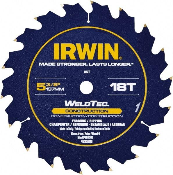 Irwin Blades - 5-3/8" Diam, 10mm Arbor Hole Diam, 18 Tooth Wet & Dry Cut Saw Blade - Carbide-Tipped, Straight Action, Standard Round Arbor - Americas Industrial Supply