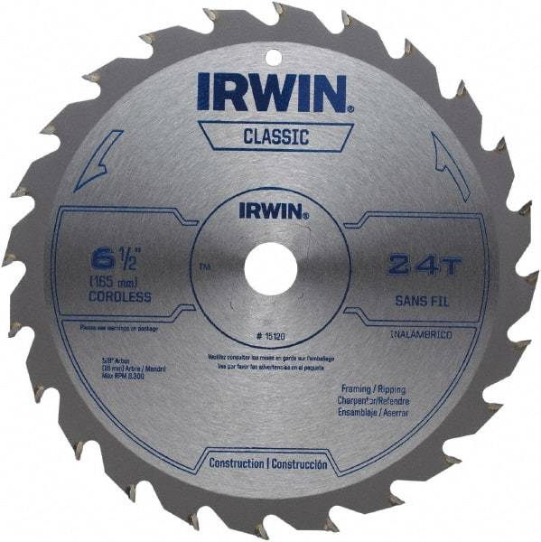 Irwin - 6-1/2" Diam, 5/8" Arbor Hole Diam, 24 Tooth Wet & Dry Cut Saw Blade - Carbide-Tipped, Smooth Action, Diamond Arbor - Americas Industrial Supply