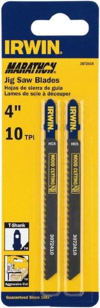 Irwin Blades - 4" Long x 0.047" Thick x 0.295" Wide, 10 Teeth per Inch, Carbon Steel Jig Saw Blade - Toothed Edge, T-Shank, Mill Tooth Set - Americas Industrial Supply