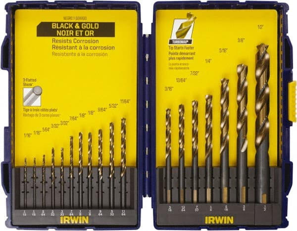 Irwin - 1/16 to 1/2", Oxide/Gold Finish, High Speed Steel Reduced Shank Drill Bit Set - Americas Industrial Supply