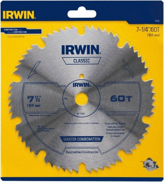 Irwin Blades - 7-1/4" Diam, 5/8" Arbor Hole Diam, 60 Tooth Wet & Dry Cut Saw Blade - High Carbon Steel, Smooth Action, Diamond Arbor - Americas Industrial Supply