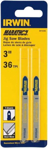 Irwin Blades - 3" Long x 0.039" Thick x 0.295" Wide, 36 Teeth per Inch, Bi-Metal Jig Saw Blade - Toothed Edge, T-Shank, Mill Tooth Set - Americas Industrial Supply