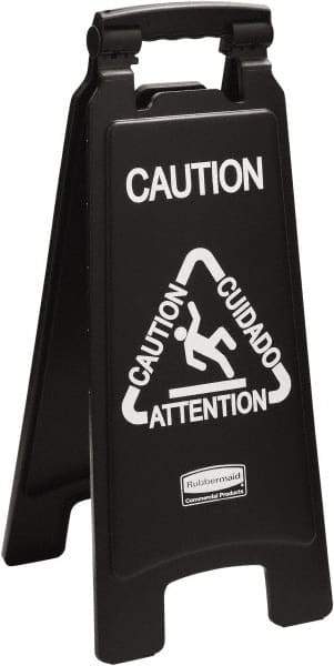 Rubbermaid - Attention/Caution/Cuidado, 11" Wide x 25" High, Polypropylene Floor Sign - English/French/Spanish, A-Frame, White on Black, For Accident Prevention - Americas Industrial Supply