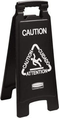 Rubbermaid - Attention/Caution/Cuidado, 11" Wide x 25" High, Polypropylene Floor Sign - English/French/Spanish, A-Frame, White on Black, For Accident Prevention - Americas Industrial Supply