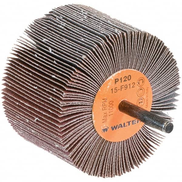 WALTER Surface Technologies - 3" Diam x 2" Face Width, Fine Aluminum Oxide Coated Mounted Flap Wheel - 1/4" Shank Mount, 120 Grit, Cloth Backing, 11,000 Max RPM - Americas Industrial Supply