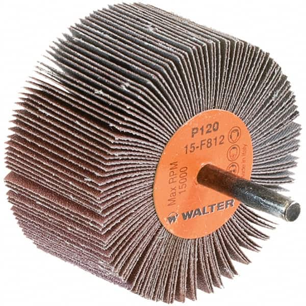 WALTER Surface Technologies - 3" Diam x 1-1/2" Face Width, Fine Aluminum Oxide Coated Mounted Flap Wheel - 1/4" Shank Mount, 120 Grit, Cloth Backing, 15,000 Max RPM - Americas Industrial Supply