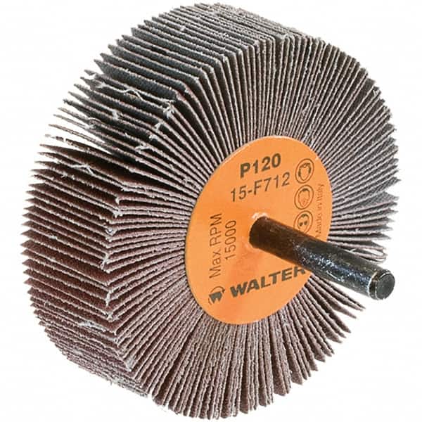 WALTER Surface Technologies - 3" Diam x 1" Face Width, Fine Aluminum Oxide Coated Mounted Flap Wheel - 1/4" Shank Mount, 120 Grit, Cloth Backing, 15,000 Max RPM - Americas Industrial Supply