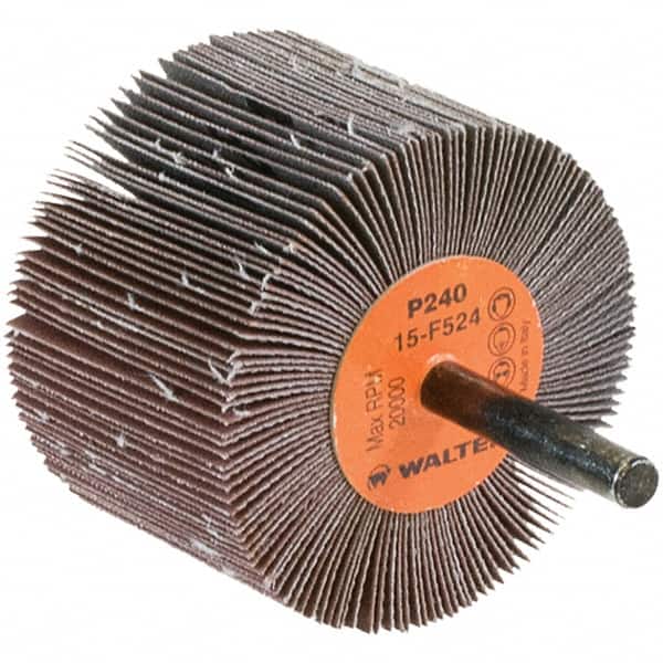 WALTER Surface Technologies - 2-1/2" Diam x 1-1/2" Face Width, Very Fine Aluminum Oxide Coated Mounted Flap Wheel - 1/4" Shank Mount, 240 Grit, Cloth Backing, 20,000 Max RPM - Americas Industrial Supply