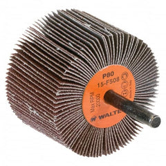 WALTER Surface Technologies - 2-1/2" Diam x 1-1/2" Face Width, Medium Aluminum Oxide Coated Mounted Flap Wheel - 1/4" Shank Mount, 80 Grit, Cloth Backing, 20,000 Max RPM - Americas Industrial Supply