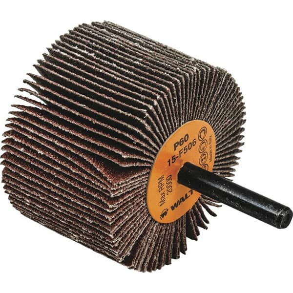 WALTER Surface Technologies - 2-1/2" Diam x 1-1/2" Face Width, Medium Aluminum Oxide Coated Mounted Flap Wheel - 1/4" Shank Mount, 60 Grit, Cloth Backing, 20,000 Max RPM - Americas Industrial Supply