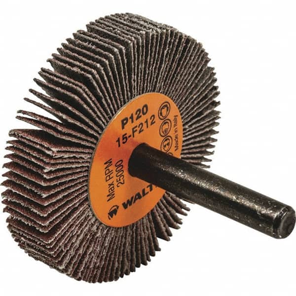 WALTER Surface Technologies - 2" Diam x 3/8" Face Width, Fine Aluminum Oxide Coated Mounted Flap Wheel - 1/4" Shank Mount, 120 Grit, Cloth Backing, 25,000 Max RPM - Americas Industrial Supply
