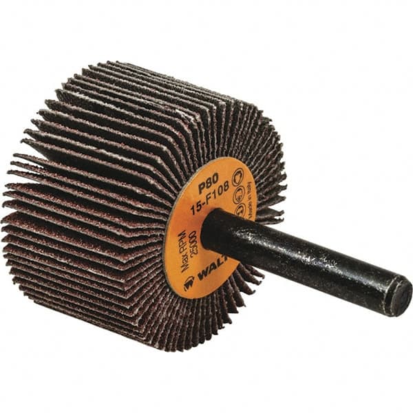 WALTER Surface Technologies - 1-1/2" Diam x 3/8" Face Width, Medium Aluminum Oxide Coated Mounted Flap Wheel - 1/4" Shank Mount, 80 Grit, Cloth Backing, 25,000 Max RPM - Americas Industrial Supply