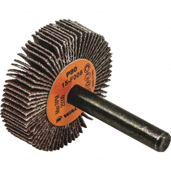 WALTER Surface Technologies - 1-1/2" Diam x 3/8" Face Width, Medium Aluminum Oxide Coated Mounted Flap Wheel - 1/4" Shank Mount, 80 Grit, Cloth Backing, 30,000 Max RPM - Americas Industrial Supply