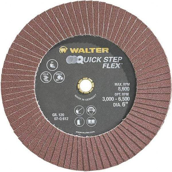 WALTER Surface Technologies - 120 Grit, 6" Disc Diam, Aluminum Oxide Flap Disc - 8,600 Max RPM, Fiber Backing, Hook & Loop Attaching System, Coated - Americas Industrial Supply