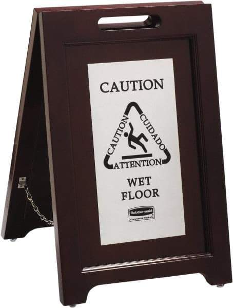 Rubbermaid - Attention/, Caution/, Cuidado/, Wet Floor, 15-1/8" Wide x 22" High, Wood Floor Sign - English/French/Spanish, A-Frame, Black on Silver, For Accident Prevention - Americas Industrial Supply