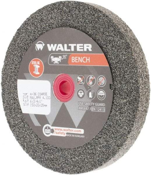 WALTER Surface Technologies - 36 Grit Aluminum Oxide Bench & Pedestal Grinding Wheel - 6" Diam x 1" Hole x 3/4" Thick, 4100 Max RPM, Coarse Grade, Vitrified Bond - Americas Industrial Supply