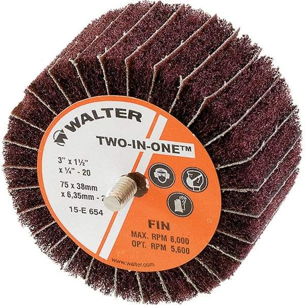 WALTER Surface Technologies - 3" Diam x 1-1/2" Face Width, Fine Aluminum Oxide Nonwoven & Coated Mounted Flap Wheel - 1/4-20 Threaded Mount, 180 Grit, Interleaf, 8,000 Max RPM - Americas Industrial Supply