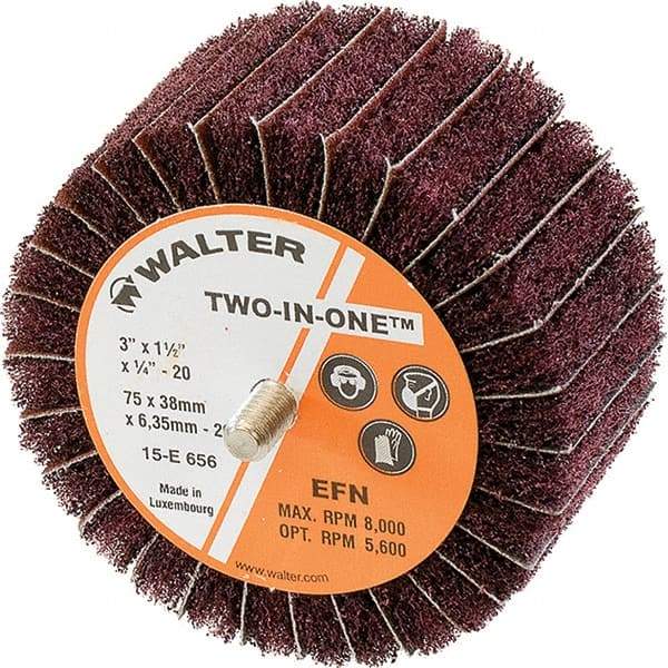 WALTER Surface Technologies - 3" Diam x 1-1/2" Face Width, Extra Fine Aluminum Oxide Nonwoven & Coated Mounted Flap Wheel - 1/4-20 Threaded Mount, 220 Grit, Interleaf, 8,000 Max RPM - Americas Industrial Supply