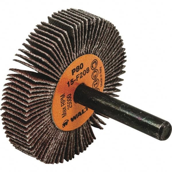 WALTER Surface Technologies - 2" Diam x 3/8" Face Width, Medium Aluminum Oxide Coated Mounted Flap Wheel - 1/4" Shank Mount, 80 Grit, Cloth Backing, 25,000 Max RPM - Americas Industrial Supply