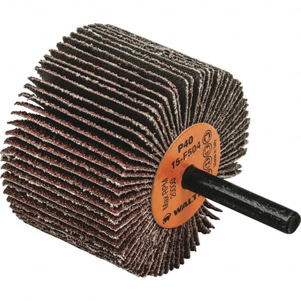 WALTER Surface Technologies - 2-1/2" Diam x 1-1/2" Face Width, Coarse Aluminum Oxide Coated Mounted Flap Wheel - 1/4" Shank Mount, 40 Grit, Cloth Backing, 20,000 Max RPM - Americas Industrial Supply