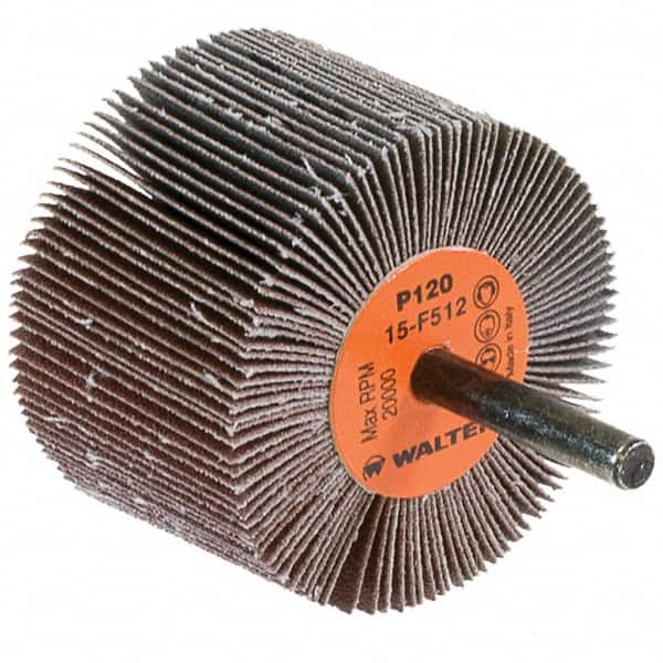 WALTER Surface Technologies - 2-1/2" Diam x 1-1/2" Face Width, Fine Aluminum Oxide Coated Mounted Flap Wheel - 1/4" Shank Mount, 120 Grit, Cloth Backing, 20,000 Max RPM - Americas Industrial Supply